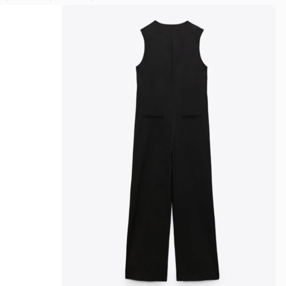 NWT ZARA WOMEN'S LONG V-NECK JUMPSUIT SLEEVELESS BLACK Pinstripe - Picture 6 of 8